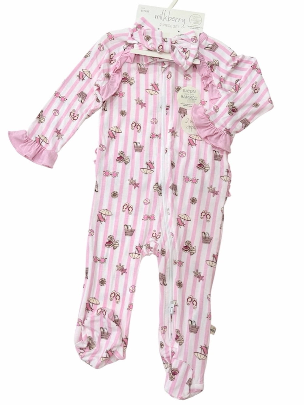 🦋milkberry Baby 2 Piece Bamboo Sleeper Set
Pink beach print 6-9Months